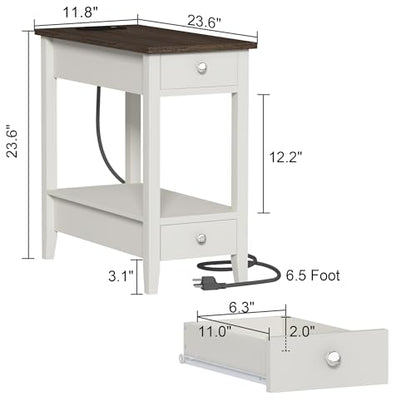Treocho End Tables Living Room Set of 2 with Charging Station and 2 Drawers | Narrow Side Table with Ample Storage, Sofa Bedside Table for Small Spaces, Living Room, Bedroom, White & Brown - color: Brown/White