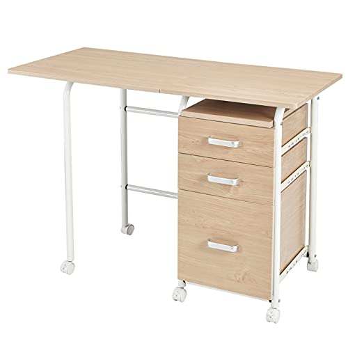 Tangkula Folding Computer Desk with 3 Drawers, Mobile Home Office Desk, Portable Laptop Desk Writing Table, Space Saving Compact Desk for Small Spaces, Dorm, Apartment - color: Beige