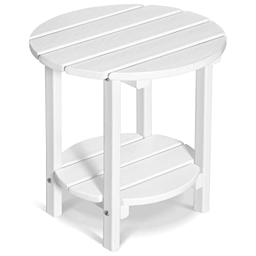 2 Tier Round Outdoor Side Table with Wood-Like Grain, HDPE Adirondack Table Patio Side Table, Weather Resistant End Table for Pool, Patio & Porch, Small Outdoor Table (White, Round) - color: White-wood Like, style: Round