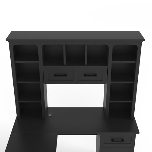 Bellemave L-Shaped Computer Desk with Drawers, Hutch and Bookshelf, Home Office Desk, Corner Gaming Computer Desk with Power Outlet, Study Table Writing Desk, Black - color: Black