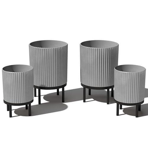 Veradek Demi Series Round Planter w/Stand for Porch/Patio | Durable Plastic-Stone Composite & Wooden Stand | Modern Décor for Tall Plants, Flowers - color: Gray/Black, size: Bundle - 2 Pack