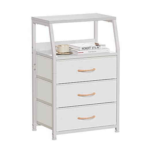 Furnulem White Nightstand with 3 Drawers and 2-Tier Shelf, Small Night Stand End Table Side Furniture, Fabric Storage Organizer for Bedroom, Closet, Hallway, Nursery, Sturdy Steel Frame, Wood Top - color: White, style: 3 Drawers
