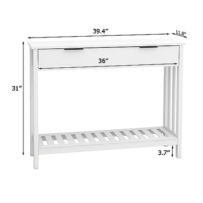 TaoHFE White Narrow Console Table with Drawer Storage Shelf, Modern Wooden Entryway Sofa Table, 39 Inch Slim Behind Couch Table, Side Display Console Table for Living Room,Office,White - color: White