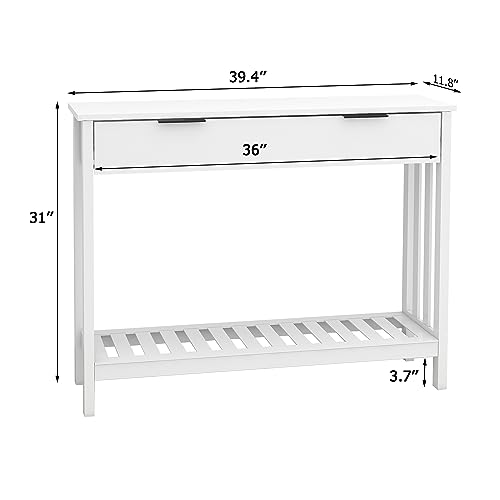 TaoHFE White Narrow Console Table with Drawer Storage Shelf, Modern Wooden Entryway Sofa Table, 39 Inch Slim Behind Couch Table, Side Display Console Table for Living Room,Office,White - color: White