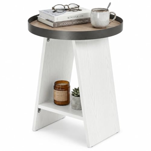 Round End Table with 17.7 inch Tray Top, 2-Tier Round Side Table with Storage Shelf, Modern Farmhouse Industrial Wood Nightstand for Living Room, Bedroom, Small Spaces (White) - color: White