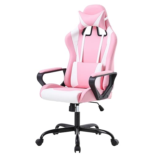 PayLessHere Ergonomic Racing Desk Chair Gaming Chair Computer Chair with Armrests 360° Swivel & Caster Pu Desk Task Chair Executive Headrest Lumbar Support for Back Pain Women Men and Adults,Pink - color: Pink