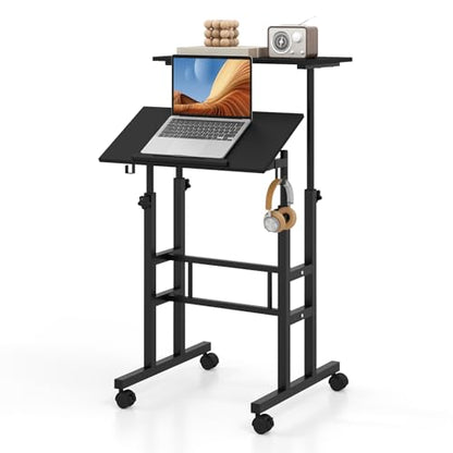 Tangkula Mobile Standing Desk, Height-Adjustable Laptop Podium Cart with Tilting Tabletop & Adjustable Angle, Rolling Stand Up Computer Desk with 2 Hanging Hooks & Lockable Casters for Home Office - color: Black