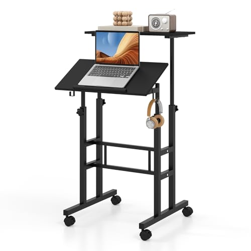 Tangkula Mobile Standing Desk, Height-Adjustable Laptop Podium Cart with Tilting Tabletop & Adjustable Angle, Rolling Stand Up Computer Desk with 2 Hanging Hooks & Lockable Casters for Home Office - color: Black