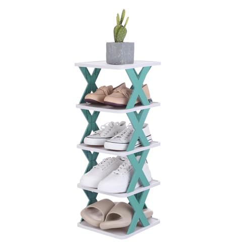 uxcell 5-Tier Plastic Shoe Rack, Vertical Shoe Rack Stackable Storage Organizer Folding Space-Saving Narrow Slot Shelf for Closet Livingroom Entryway Garage, Blue/White - color: Blue/White, size: 10.2x9.4x25.8 Inch