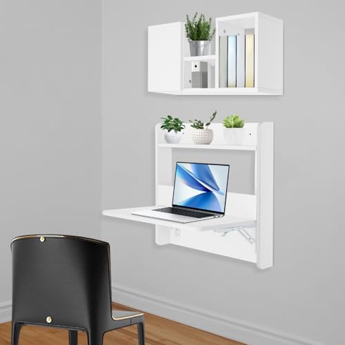 Wall Mounted Bookshelf with Moveable Cabinets, Multifunctional Folding Floating Desk, Fold Down Laptop Table with Storage Shelves for Bedroom Study Room Space Saving Small Space Garage (White) - color: White