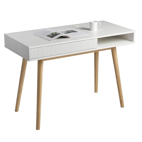 White Writing Desk with Storage, Mid Century Modern Desk for Small Spaces | 42.5-Inch Desktop, Soild Wood Legs, Hidden Drawer & Open Cubby Storage, Built-in Cable Management for a Clean Workspace - color: White+oak