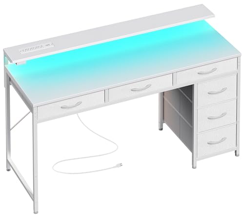 Huuger Gaming Desk with 6 Drawers, Computer Desk with LED Lights Power Outlets and Type-C, 47 Inch Office Table with Storage, Monitor Stand, Writing & Work Home Office, Bedroom, Study, White - color: White, size: 47 inch