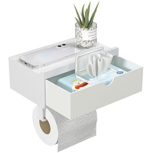 Domax White Toilet Paper Holder with Shelf,Wall Mount/Adhesive Bathroom Toilet Paper Holder,Bamboo Wood Tissue Toilet Roll Holder with Storage Drawer for Organizer Wipes,Fits Any Room, Large - color: White