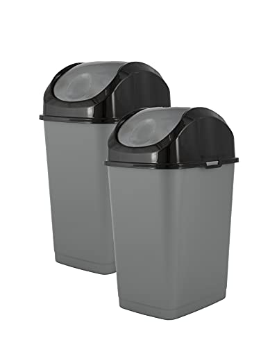 Superio Small 2.5 Gallon Plastic Trash Can with Swing Top Lid, Compact Slim Waste Bin for Under Desk, Office, Bedroom, Bathroom, Dorm Room, 10 Qt. Portable Garbage Can (Grey/Black, 2 Pack) - size: 2.5 Gallon