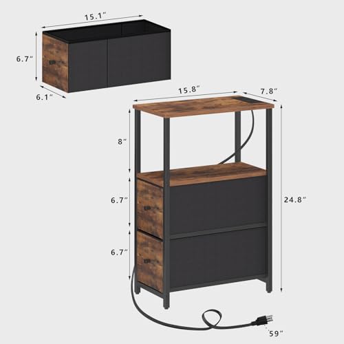 TUTOTAK Small Narrow LED End Table with Charging Station, Side Table Outlets, Nightstand with 2 Cloth Drawers, Set of 2, Couch Table, for Living Room, Bedroom, Bedside, Brown TB01BB056 - color: Brown, style: 2 Drawers with Plug & Light