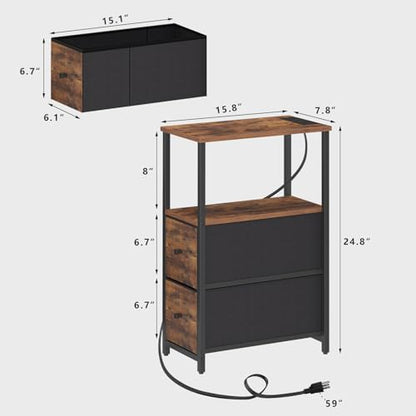 TUTOTAK Small Narrow LED End Table with Charging Station, Side Table Outlets, Nightstand with 2 Cloth Drawers, Set of 2, Couch Table, for Living Room, Bedroom, Bedside, Brown TB01BB056 - color: Brown, style: 2 Drawers with Plug & Light