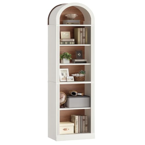 RALGEND Arched Bookshelf, 75.8" Tall Narrow Bookshelf, Arch Bookcase with Storage, 6-Tier Farmhouse Book Shelf, Wooden Arched Cabinet with Open Display Shelves, Adjustable Shelf, Walnut and White - color: White + Walnut, size: 18.9"L x 11.8"W x 75.8"H