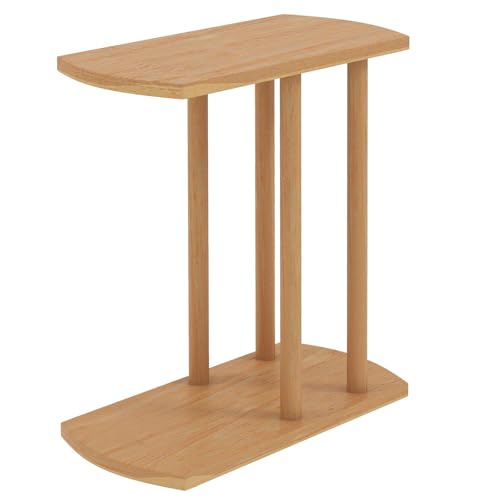 COSTWAY Solid Teak C-Shaped Side Table, Natural Slim 2-Tier End Table with Thick Top & Stable Base, Space-Saving Couch Table for Living Room Bedroom Small Spaces (1)