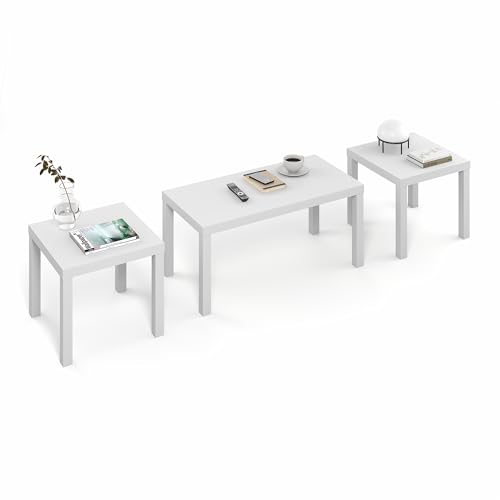 Furinno Classic Set of 3 Living Room Table, Printer Stand, White | 1.8 Inch Thick Tabletop, Modern Rectangle Coffee Table with 2 Square Side Tables, End Tables, for Living Room, Home Office - color: White, size: Set of 3