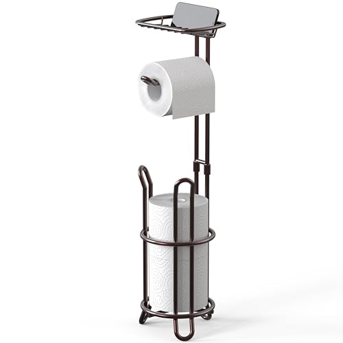Simple Houseware Toilet Paper Holder Stand w/Cell Phone Wire Shelf, Bronze | 4 Paper Rolls, 7.25" x 7.25" x 23.5", Freestanding Paper Roll Storage for Bathroom - color: Bronze, size: Wired Shelf - 23.5''H