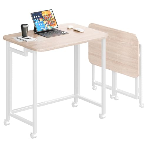 JSB Folding Desk for Small Spaces,Mobile Portable Rolling Laptop PC Table on Wheels,Foldable Computer Desk for Home Office,Bedroom,Dorm,Space Saving (Natural & White, 27.6") - color: Natural & White, size: 27.6"