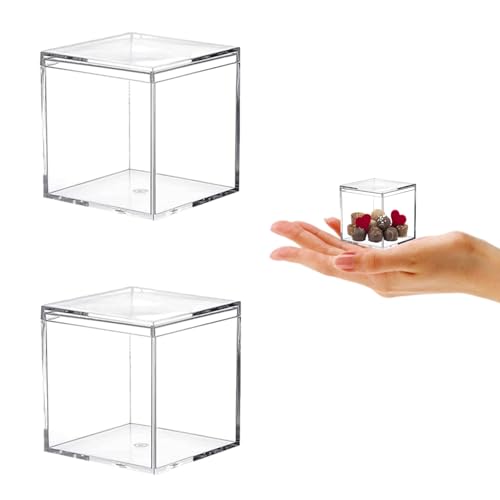 KissYou Small Acrylic Box Clear Display Case Plastic Square Cube 2 Packs Candy Box with Lid Jewelry Storage Contanier - size: 1.77 x 1.77 x 1.77 Inch