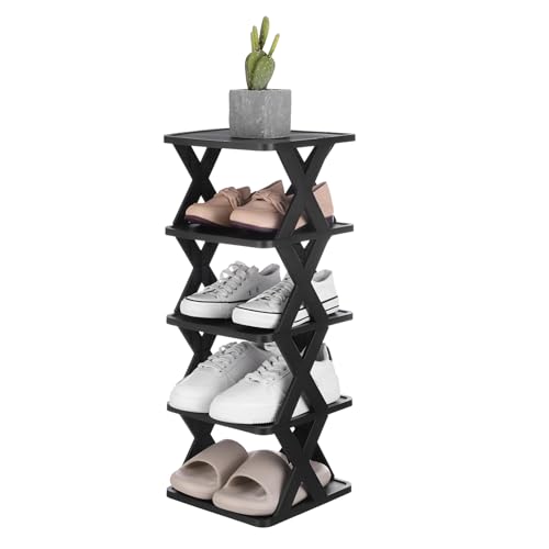 uxcell 5-Tier Plastic Shoe Rack, Vertical Shoe Rack Stackable Storage Organizer Folding Space-Saving Narrow Slot Shelf for Closet Livingroom Entryway Garage, Black/Black - color: Black/Black, size: 10.2x9.4x25.8 Inch