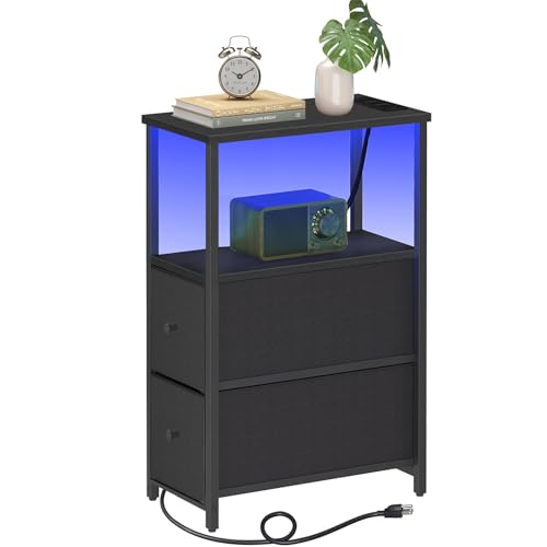 TUTOTAK Narrow LED End Table, Skinny Side Table with Charging Station | Bedside Table with Outlets, Slim Nightstand with 2 Cloth Drawers for Small Space, Living Room, Bedroom, Black TB01BK085L - color: Black, size: 1 Pack (2 Drawers), style: Plug & LED