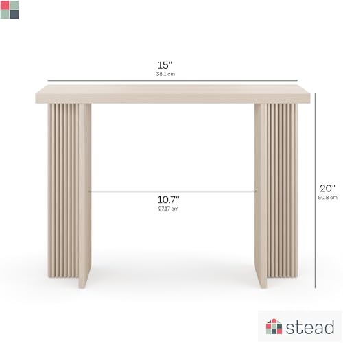 Stead Fluted Console Table – Weathered White Solid Wood Entryway Table with Oak Grain Veneer, Curved Base & Adjustable Feet – Modern Farmhouse Fluted Console Table for Hallway or Living Room.