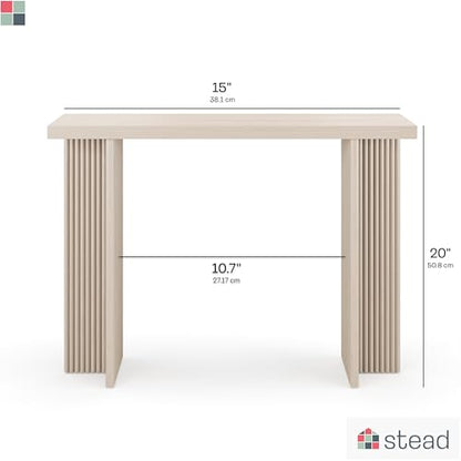 Stead Fluted Console Table – Weathered White Solid Wood Entryway Table with Oak Grain Veneer, Curved Base & Adjustable Feet – Modern Farmhouse Fluted Console Table for Hallway or Living Room.