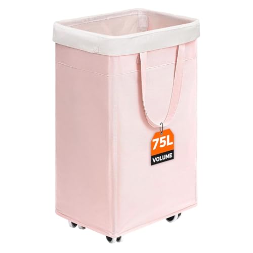 CHICVITA 75L Rolling Laundry Basket with Wheels Removable wash bag, Pink | Laundry hamper for dirty clothes dorm essentials. Pink room Decor for girls kids fit living room nursery room college dorm - color: Pink, size: 75L (15.7"L x 11.8"W x 24.8"H)