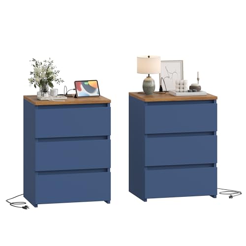Keyluv 3 Drawers Nightstand Set of 2 with Charging Station, Modern Bedside Table with USB Ports, Sofa Side Table Night Stand with Storage, Sturdy End Table for Bedroom/Living Room/Home Office, Blue - color: Blue