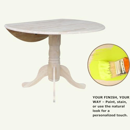 IC International Concepts, Round Dual Drop Leaf Pedestal Dining Table, Solid Real Wood, Sturdy Parawood, Dimensions 42"D x 42"W x 29.5"H, 40lbs Capacity, Paint/Stain Ready, Unfinished - color: Unfinished