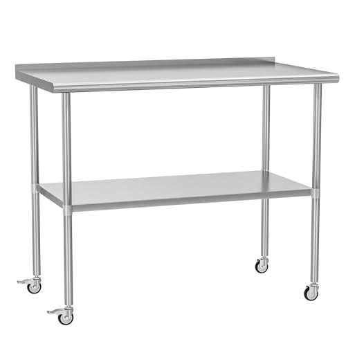 Stainless Steel Prep Table 30" X 48" with Adjustable Undershelf, Backsplash and Wheels, Commercial Metal Workstations for Kitchen, Garage, Outdoor BBQ - color: W/ Wheel & Backsplash, size: 30x48 Inch