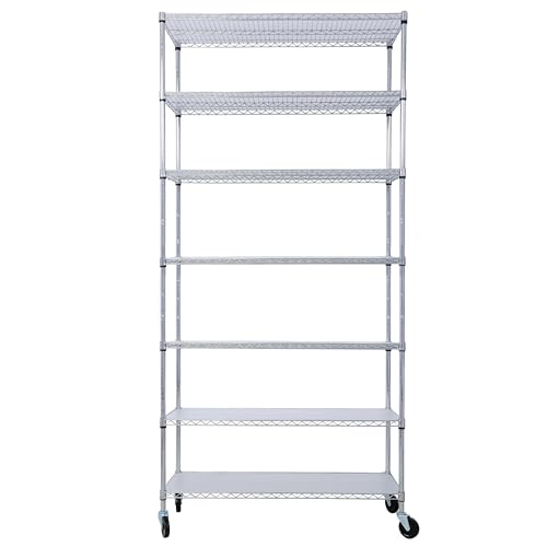 7-Tier Shelf, Adjustable Wire Metal Rack Shelving, Heavy Duty Standing Storage Shelves, Garage, Kitchen, Office, Bathroom, Shelfs Easy Assembly, 48" W x 18" D x 82" H Wheels, Chrome - color: Chrome, size: 7-tier 48"W x 18"D x 81.5"H Wheels