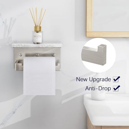 Gypie Toilet Paper Holder with Shelf, Extended Base Wall Mounted, Marble Toilet Roll Holder Brushed Nickel for Bathroom Washroom - color: Brushed Nickel, size: Marble