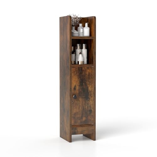 Narrow Bathroom Storage Cabinet, Small Corner Floor Cabinet with 3-Level Adjustable Shelf, Slim Toilet Paper Holder Stand for Small Spaces, Laundry & Kitchen (Rustic Brown) - color: Rustic Brown