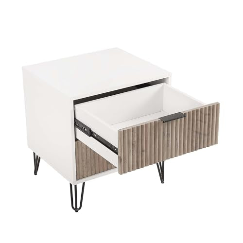 BROVAVE Sturdy Metal Legs Small Nightstand, Modern Nightstand with Textured Drawers, Storage Cabinet for Indoor use, Grey+White - color: Grey+white