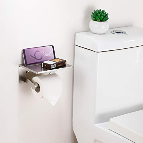 Toilet Paper Holder with Shelf, Aluminum Tissue Roll Holder with Mobile Phone Storage Shelf for Modern Bathroom, 3M Self Adhesive No Drilling or Wall-Mounted with Screws, Brushed Nickel - color: Brushed Nickel