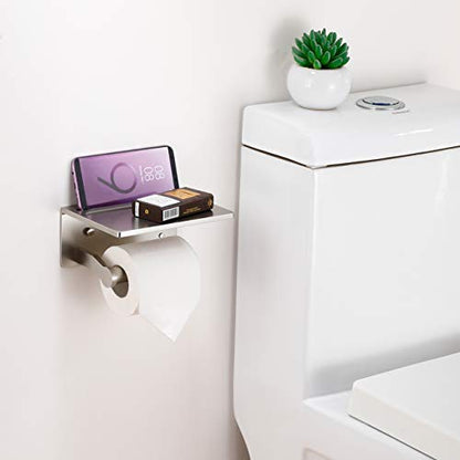 Toilet Paper Holder with Shelf, Aluminum Tissue Roll Holder with Mobile Phone Storage Shelf for Modern Bathroom, 3M Self Adhesive No Drilling or Wall-Mounted with Screws, Brushed Nickel - color: Brushed Nickel