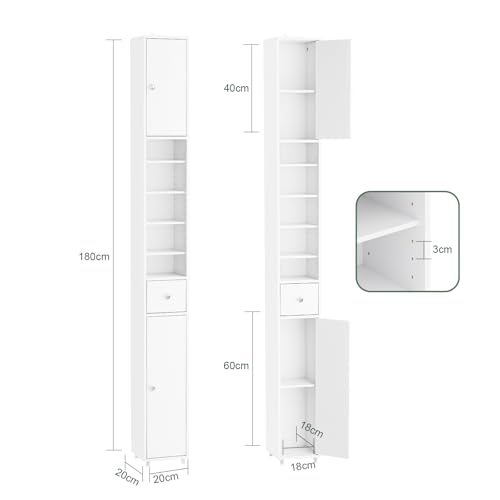 Haotian Tall Bathroom Storage Cabinet, 7.8 x 7.8 x 70.8 in, White | Tall Freestanding Bathroom Storage Cabinet With Adjustable Shelves, Slim Space-Saving Unit For Compact Bathroom, BZR34-W - color: Matte White