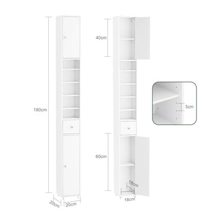 Haotian Tall Bathroom Storage Cabinet, 7.8 x 7.8 x 70.8 in, White | Tall Freestanding Bathroom Storage Cabinet With Adjustable Shelves, Slim Space-Saving Unit For Compact Bathroom, BZR34-W - color: Matte White