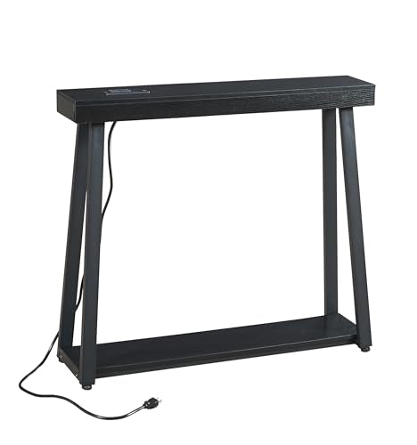Narrow Small Entryway Table with Charging Station, 36 Inch Thin High Tall Console Sofa Table with Power Outlet and USB&C Port for Entry Hallway, Living Room, Foyer, Thick Metal Frame, Black