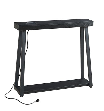 Narrow Small Entryway Table with Charging Station, 36 Inch Thin High Tall Console Sofa Table with Power Outlet and USB&C Port for Entry Hallway, Living Room, Foyer, Thick Metal Frame, Black