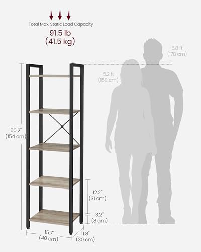 VASAGLE 5-Tier Bookshelf, Bookcase with Steel Frame, Book Shelf for Living Room, Home Office, Study, 11.8 x 15.7 x 60.2 Inches, Industrial Style, Heather Greige and Ink Black ULLS100B02 - color: Heather Greige + Ink Black, size: 5 Tiers (11.8"D x 15.7"W x