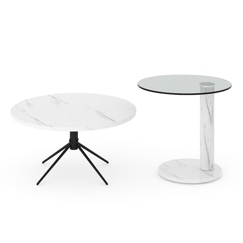 Hooseng Set of 2 Round Coffee Tables, Faux Marble Top and Modern Tempered Transparent Glass Top,Perfect for Living Room,Cafe,Home,and Office(Coffee Table+Side Table) - color: Coffee Table+side Table