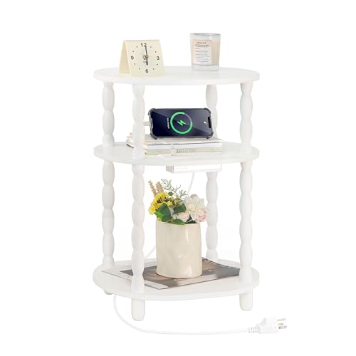 MaxSmeo White Side Table with Charging Station, 3-Tier Small Oval End Table with USB Ports and Outlets, Modern Night Stand Wood Accent Table for Living Room, Bedroom, White - color: White Charging Station