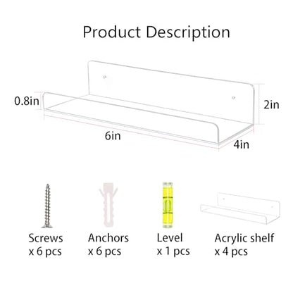 TONICE 4 Pack Acrylic Shelves for Wall 6in Floating Shelf Wall Mounted Set for Room, Bedroom, Bathroom, Kitchen, Living Room, Office Book Shelf Storage Decor