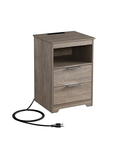 Nightstand with Charging Station,Nightstand with 2 Drawers,Wooden End Table with Drawer and Opening Shelf,Side Table for Bedroom, Rustic Grey - color: Rustic Grey, style: 2 Drawers