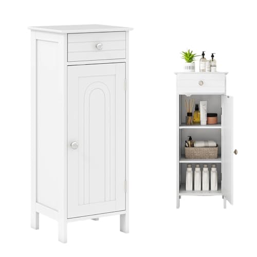 Bathroom Cabinet, Free-Standing Single Door Storage Cabinet with Drawer & 2 Adjustable Shelves, Narrow Side Storage Organizer for Bathroom,Laundry Room(White) - color: White